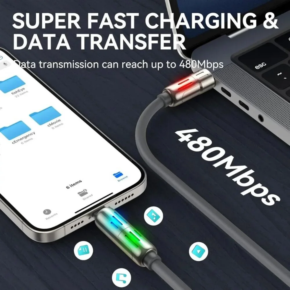 4-in-1 Fast Charging USB Cable, Multi-Port Charging with Color LED Lights